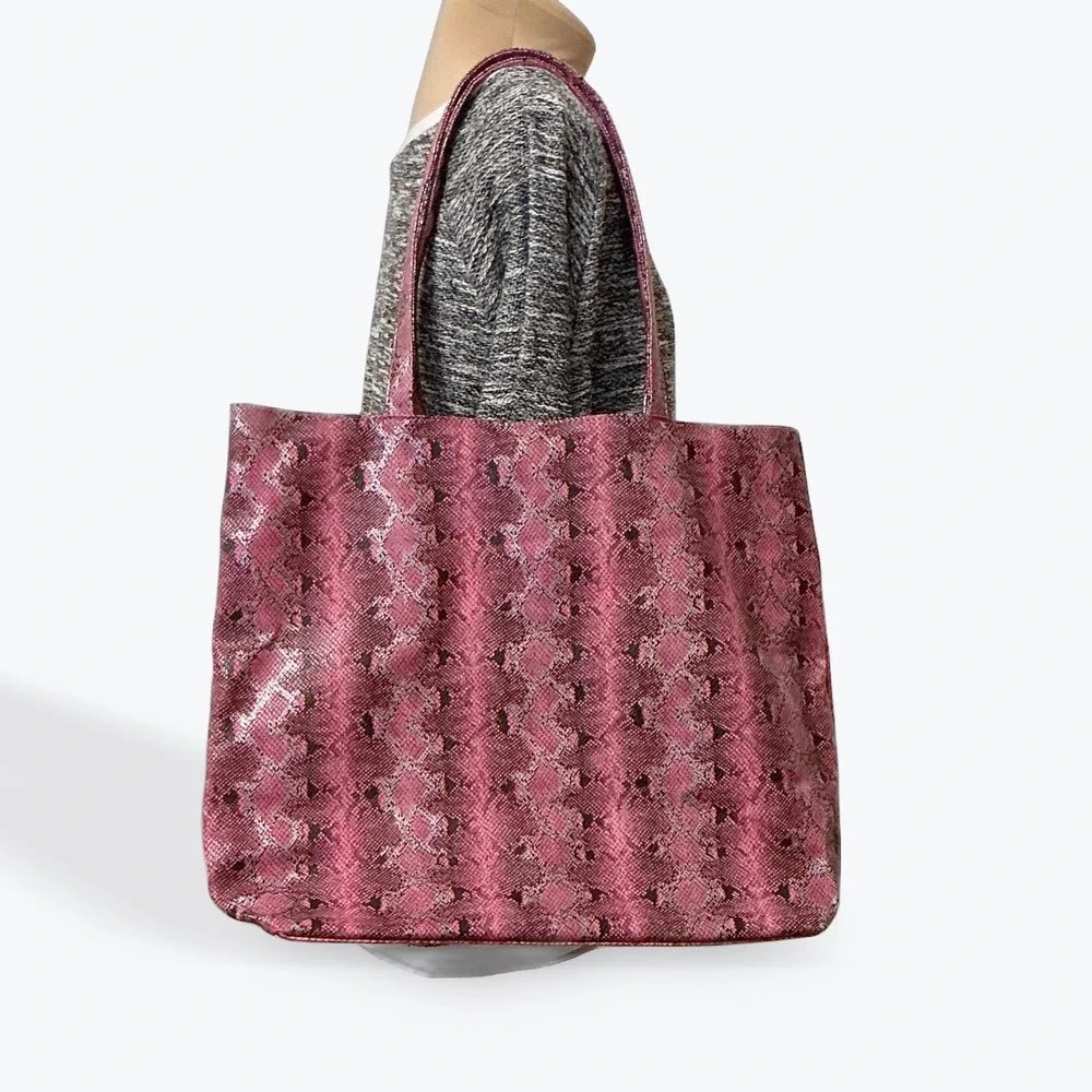 Saks Fifth Avenue Pink Snake‎ Print Tote Bag Faux Leather Large Shoulder Bag